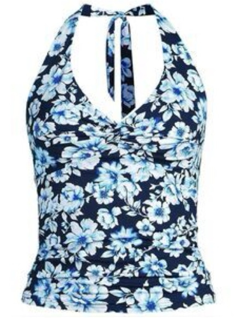 LANDS’ END Women’s Navy Blue Floral Twist Halter Tankini Bathing Suit Top